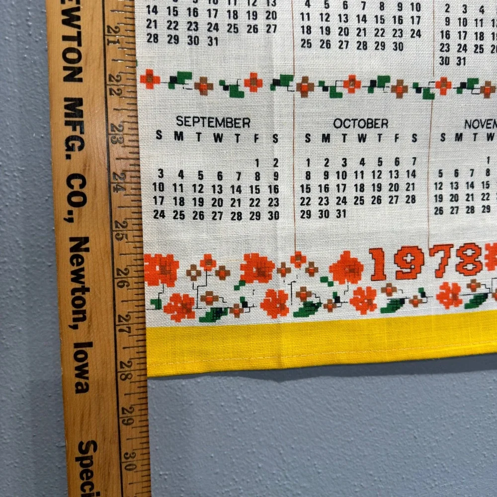 Vintage 1978 Bless This House Linen Calendar Tea Towel Wall Hanging Yellow 16x28